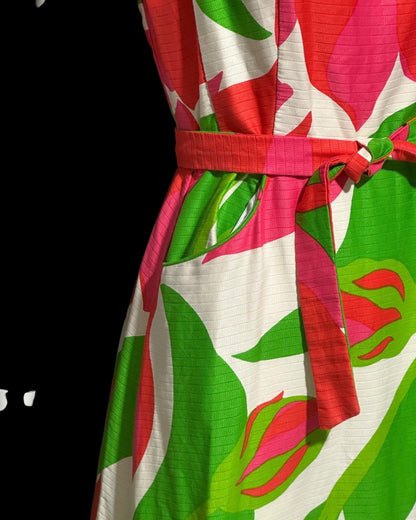 MALIA HONOLULU, vintage 1960s dress, Hawaiian wrap cotton maxi sundress, Hot Pink Green Summer Beach Party dress