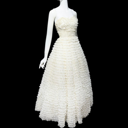 1950s vintage wedding prom gown, off white tiered lace and tulle cupcake dress, ruffled meringue ball gown
