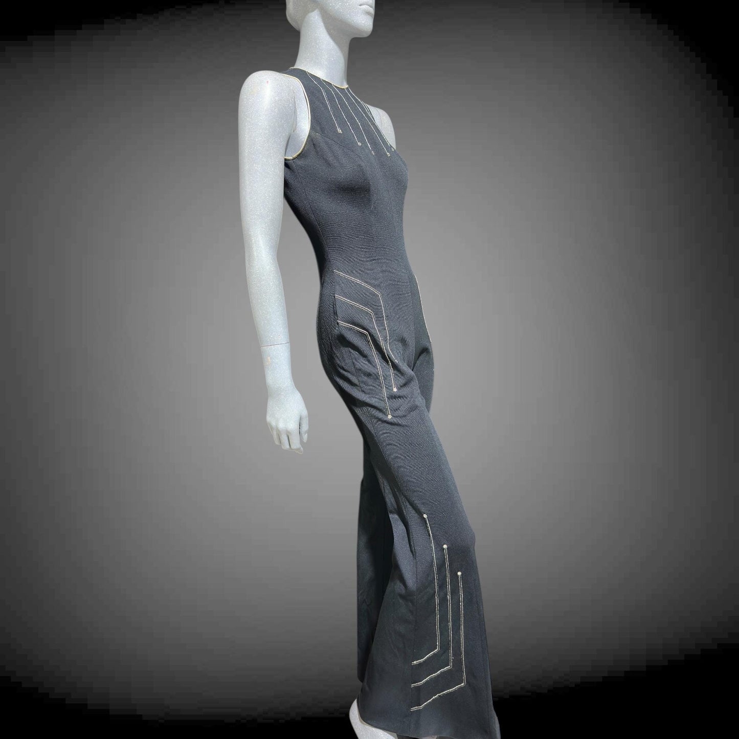 ESTIVO vintage 1970s bell bottom jumpsuit, black poly knit disco jumpsuit, embroidery & rhinestones