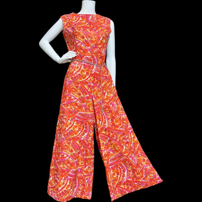 1960s vintage jumpsuit, wide leg flared palazzo pants, hot pink and orange paisley, sleeveless evening summer jumpsuit