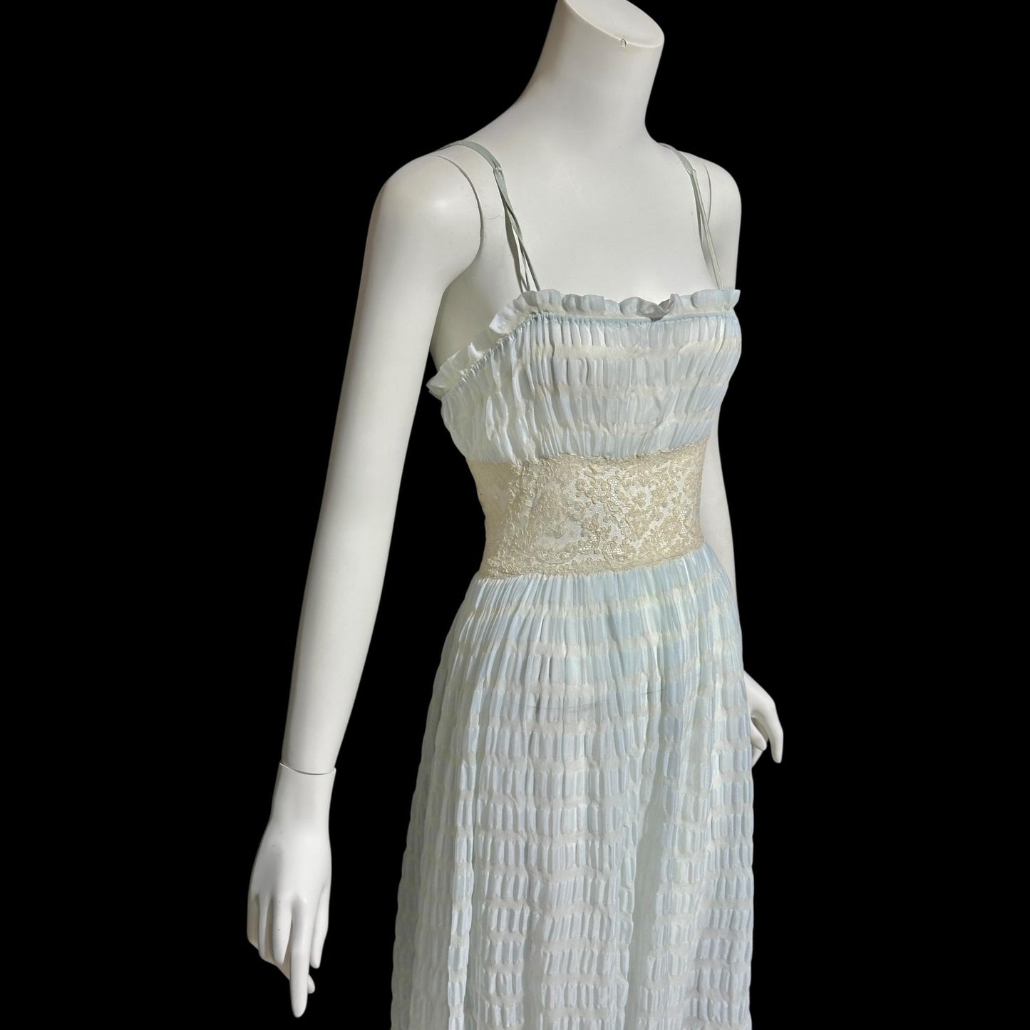 By IRIS, vintage 1930s Nightgown robe set, ethereal blue and white sheer waffled nylon slip dress and dressing gown, peignoir set