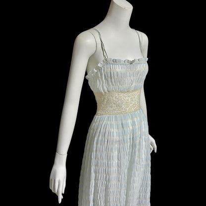 By IRIS, vintage 1930s Nightgown robe set, ethereal blue and white sheer waffled nylon slip dress and dressing gown, peignoir set
