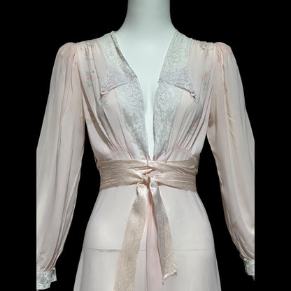 B. ALTMAN, vintage 1940s dressing gown, pink floral and lace sheer house coat robe