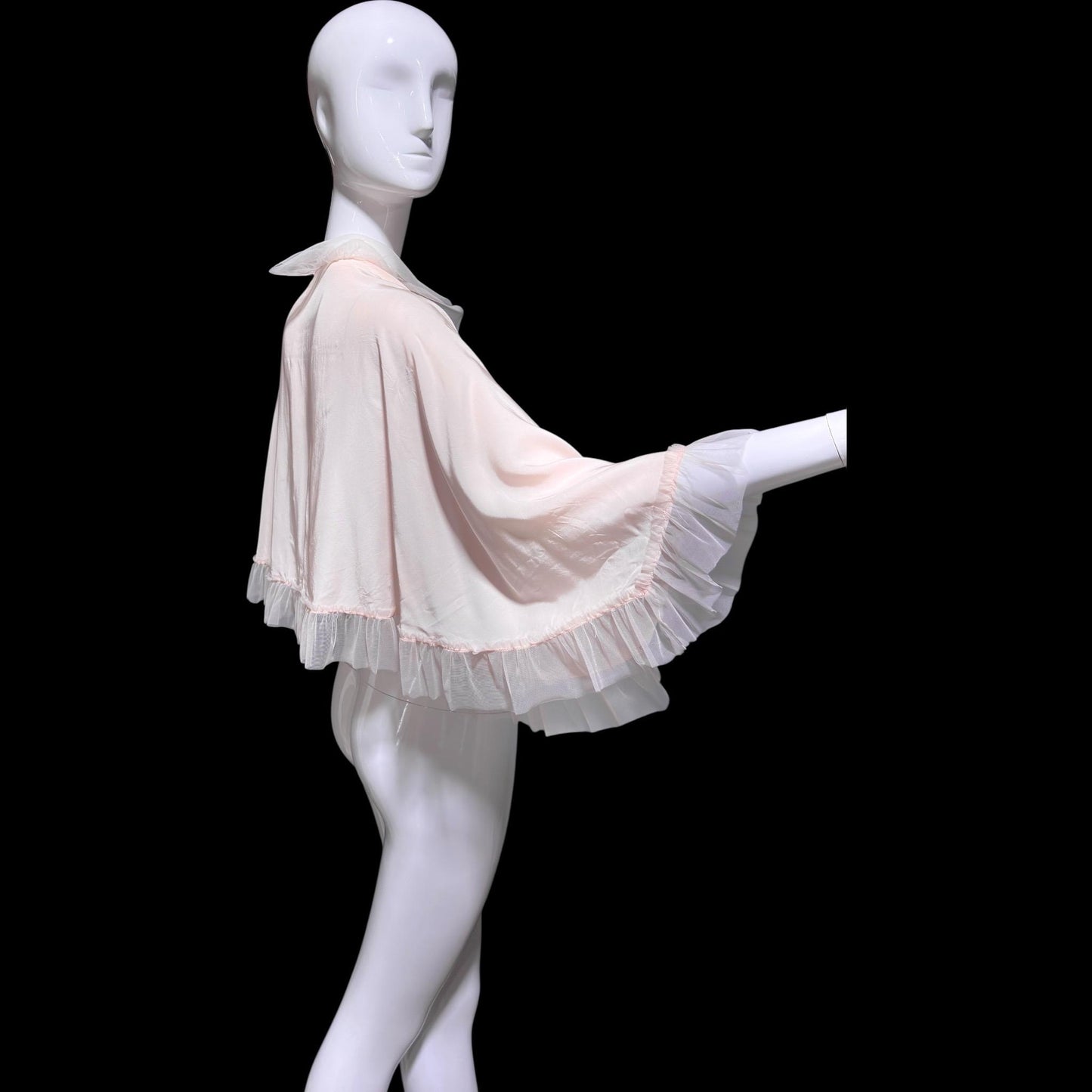 1930s antique vintage pale pink bed jacket, Ruffled satin bed cape robe, one size