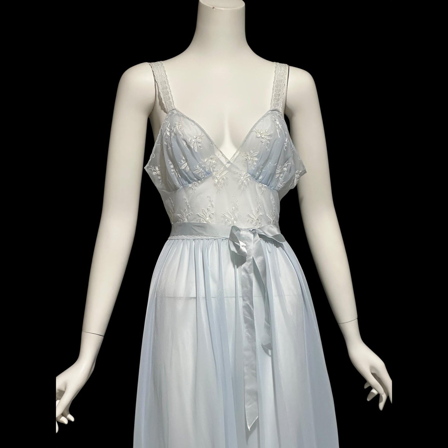 ROGER'S RUN-PROOF 1950s vintage Nightgown: powder blue sheer Nylon Slip Dress with white embroidery