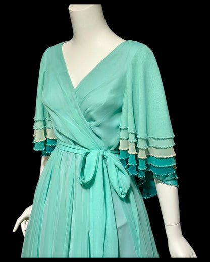 JACK BRYAN, vintage 1970s teal green chiffon evening dress with beaded flutter sleeves