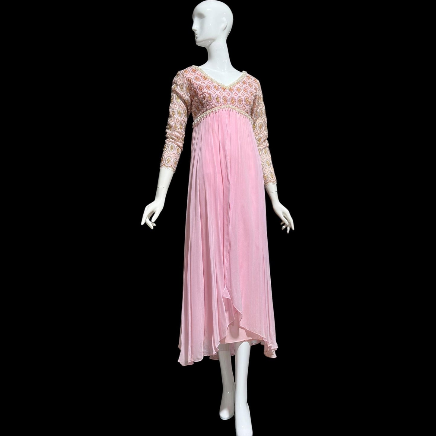 1960s Vintage evening dress, pink Bridgerton silk chiffon empire waist beaded lace formal scarf gown