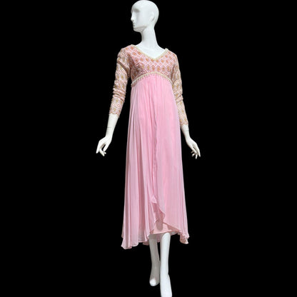 1960s Vintage evening dress, pink Bridgerton silk chiffon empire waist beaded lace formal scarf gown