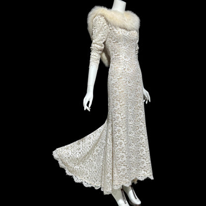 PAT RICHARDS Michael Maiello, vintage 1980s evening dress, white lace & fox collar dynasty glam gown