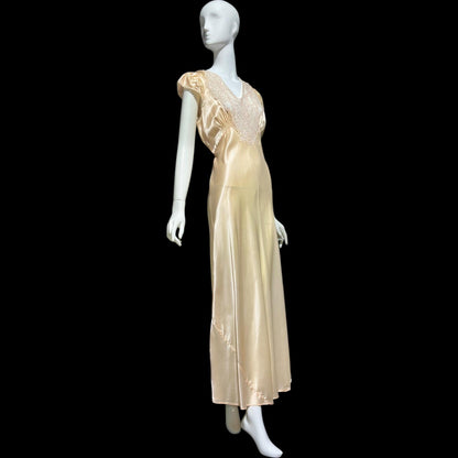 Femicraft vintage 1930s Rayon Slip Dress: Bias Cut Shiny Pale Peach Nightgown, Lace Trim