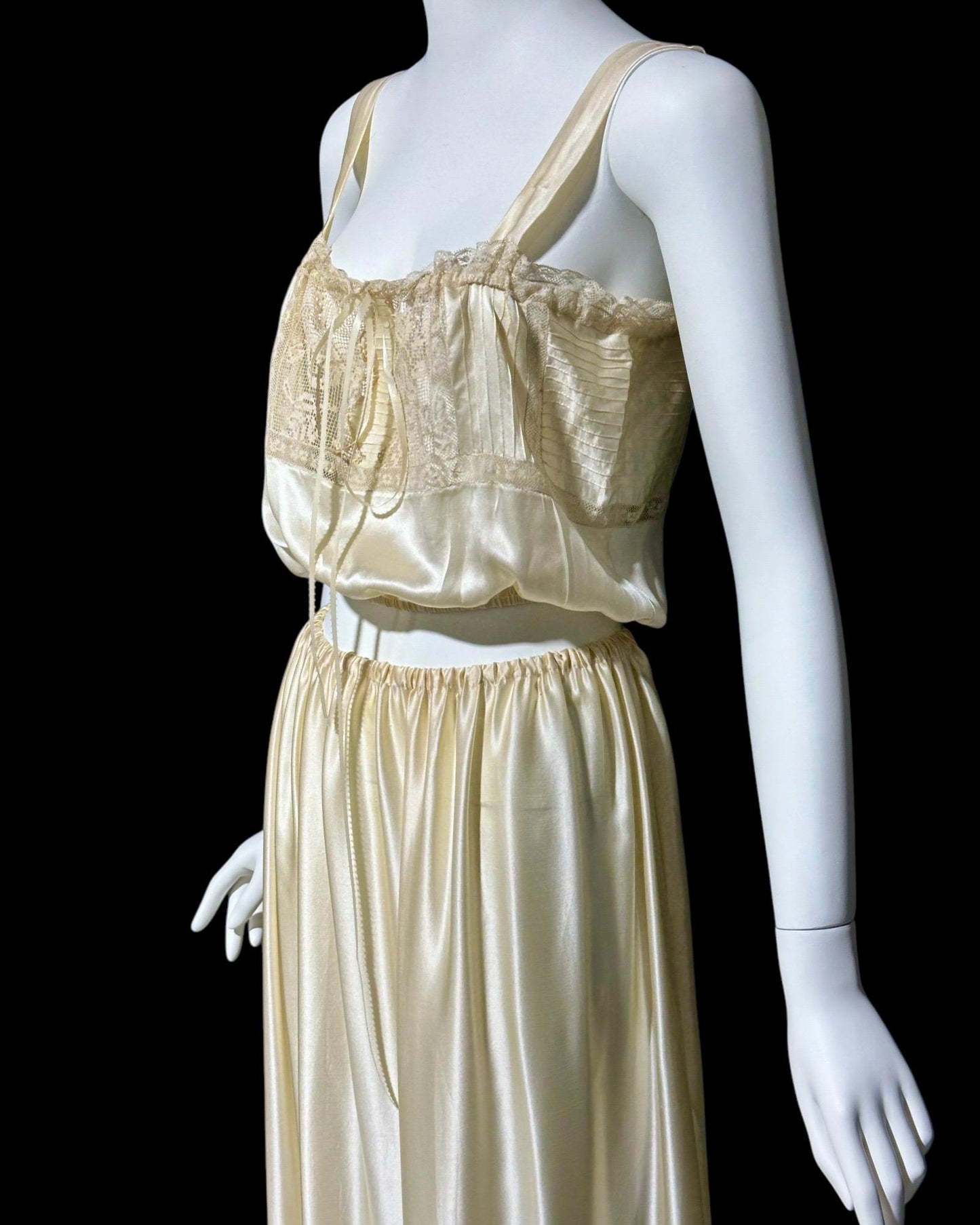 Antique Edwardian 1900s silk camisole and skirt set, pin tucks and lace, 2pc lingerie set