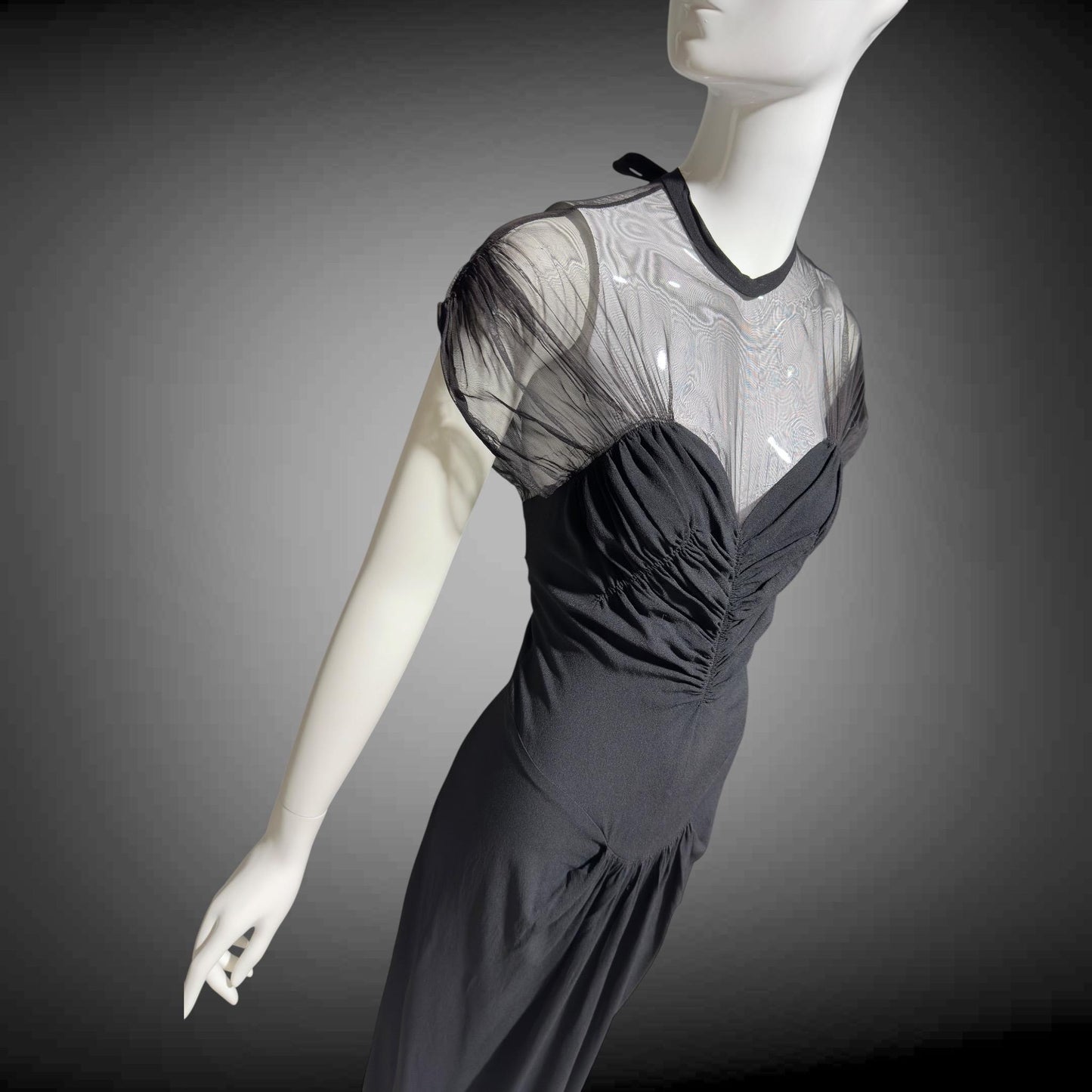 DOROTHY O'HARA vintage 1940s evening dress gown, Black crepe and mesh illusion neckline sheath gown