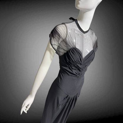 DOROTHY O'HARA vintage 1940s evening dress gown, Black crepe and mesh illusion neckline sheath gown