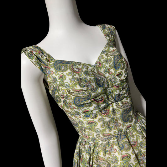 JD JUNIOR ACCENT, vintage 1940s dress, Bombshell Cocktail party sundress, Shelf bust dress, Green paisley rhinestone pinup dress