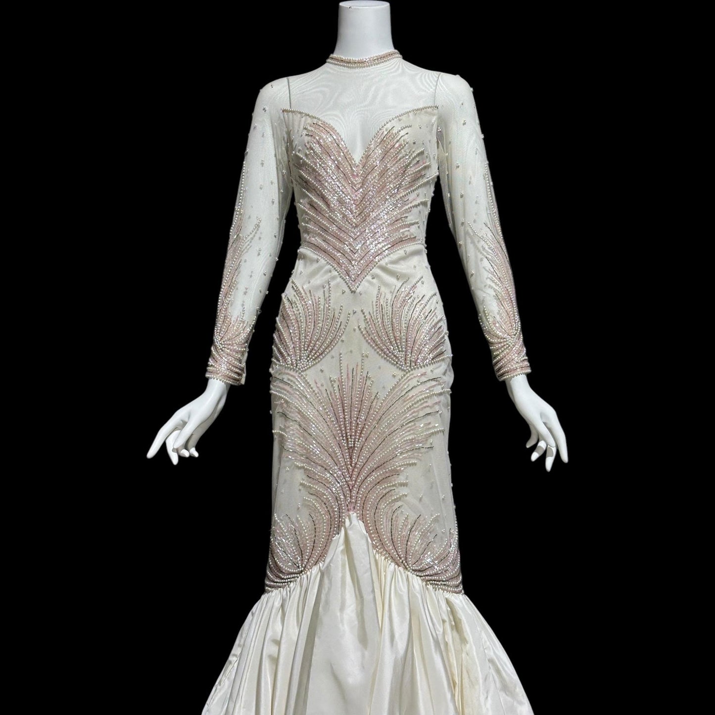 CARLOTA ALFARO, vintage 1980s evening gown, White pink beaded mermaid dress, ruffled bottom, illusion neckline
