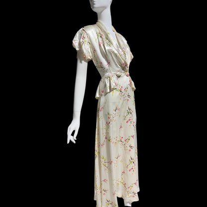 MISS ELAINE vintage 1940s Dressing Gown Robe, Shiny Satin floral Wrap Housecoat Lingerie Dress