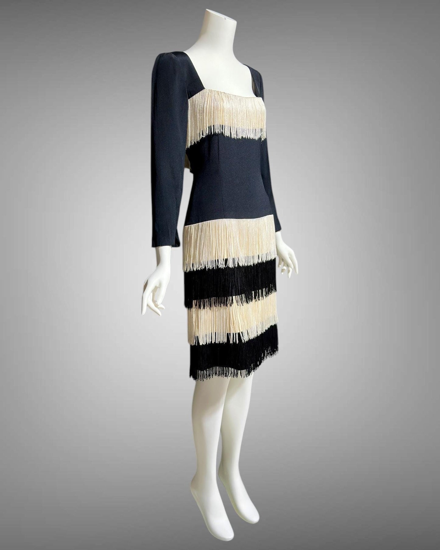 TRAVILLA vintage evening cocktail dress, 1960s black white fringed mod party dress