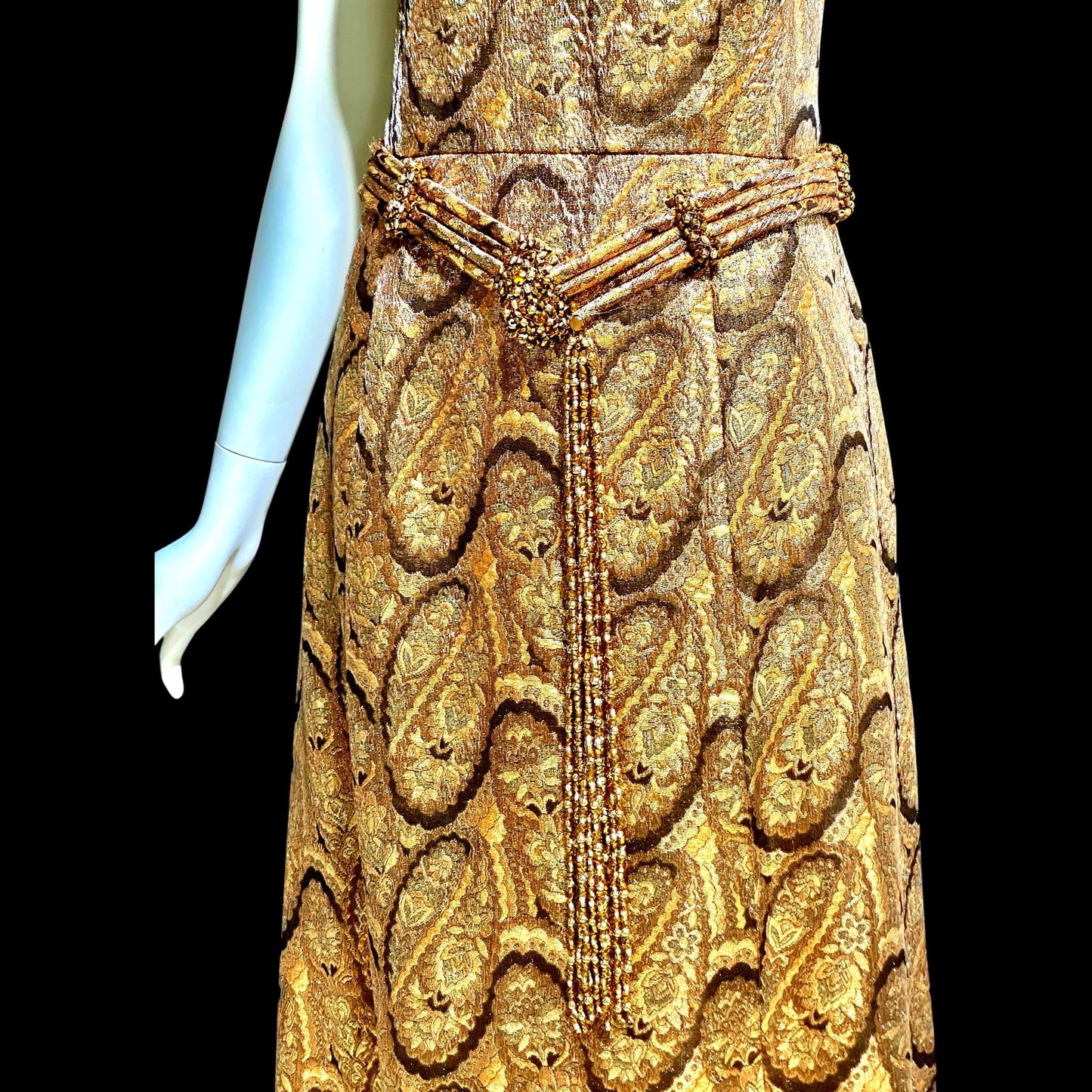 DYNASTY Vintage 1960s evening dress, TRULY SOCIAL metallic copper, gold, bronze and silver paisley gown
