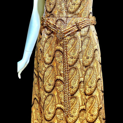DYNASTY Vintage 1960s evening dress, TRULY SOCIAL metallic copper, gold, bronze and silver paisley gown