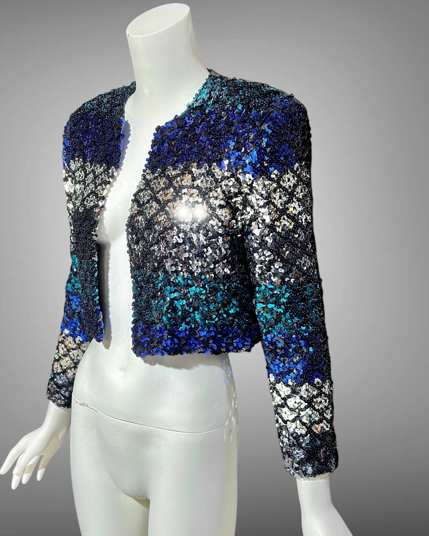 LILLIE RUBIN vintage Evening jacket, 1980s ombre sequins blue black silver cocktails party cropped jacket