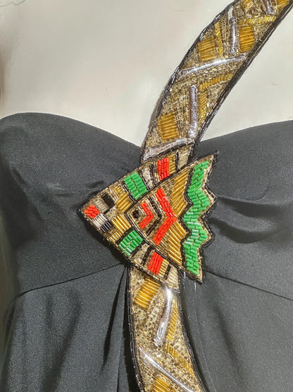 BERNARD PERRIS vintage 1980s beaded gown, black silk one shoulder sheath column evening gown, Made in France