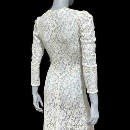 1940s vintage wedding bridal dress, white see through lace sheath full length gown