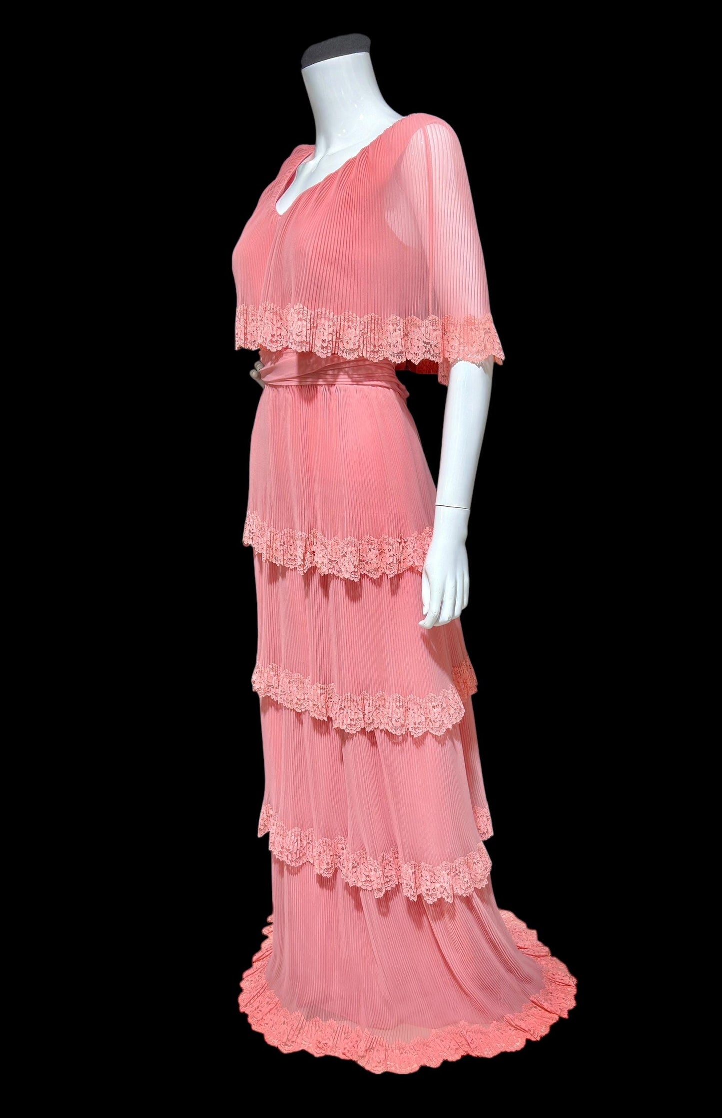 MISS ELLIETTE vintage 1970s pleated chiffon evening gown, Old Rose Pink tiered skirt maxi dress with ruffled collar