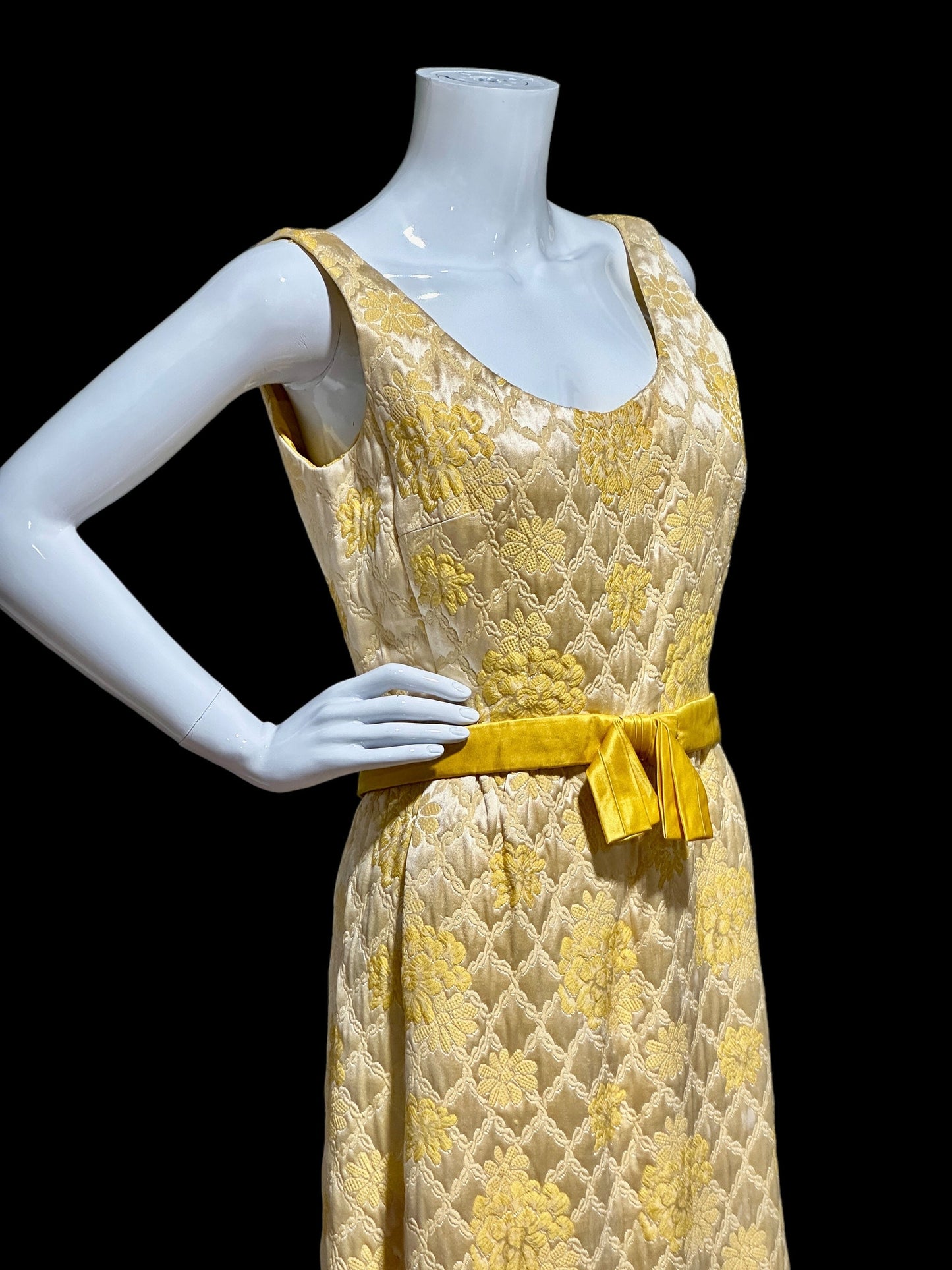 MOLLIE PARNIS Nan Duskin 1960s vintage evening dress, gold floral silk damask 2 pc gown and matching coat ensemble