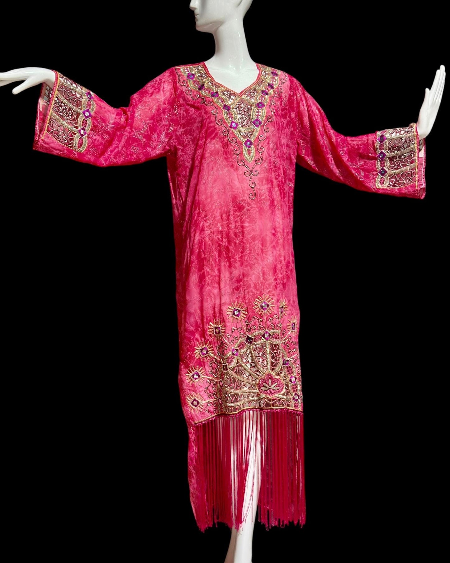 I MAGNIN 1980s vintage caftan dress, embroidery, beads, mirrors & cut work, sheer pink evening kaftan gown with Fringe