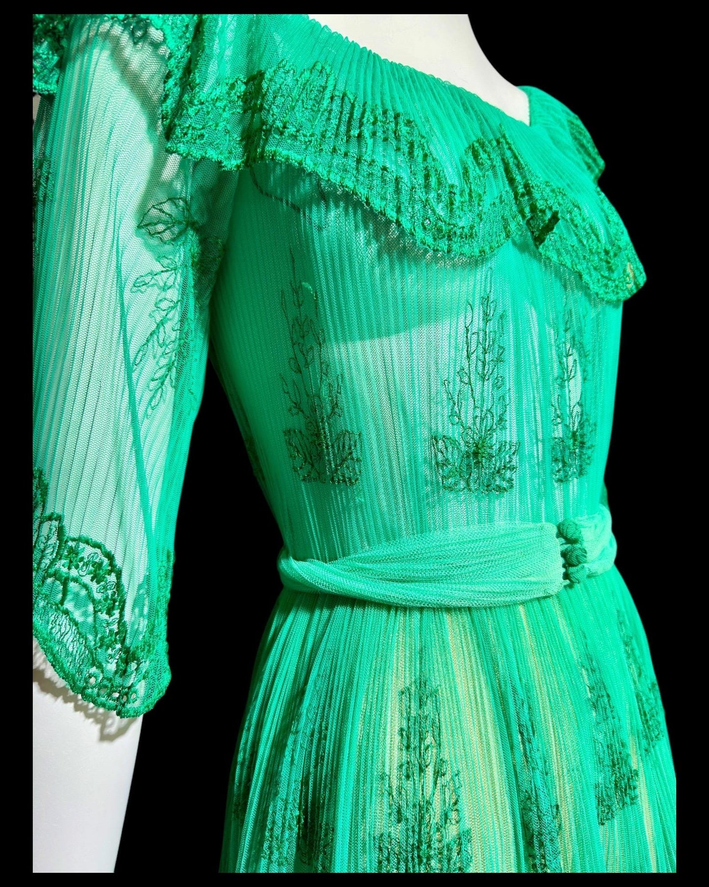 FRANK USHER vintage 1970s green embroidered net gown, ruffle neckline, full sweep party dress