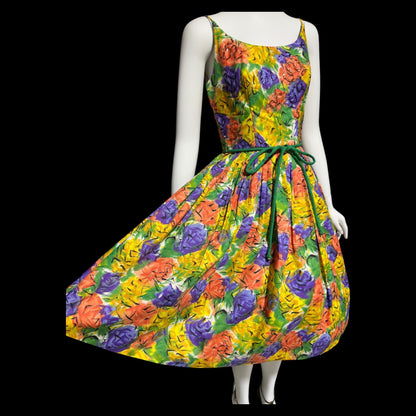 1950s vintage Dress, Floral Cotton Pinup Sundress, Pleated full skirt with sequins