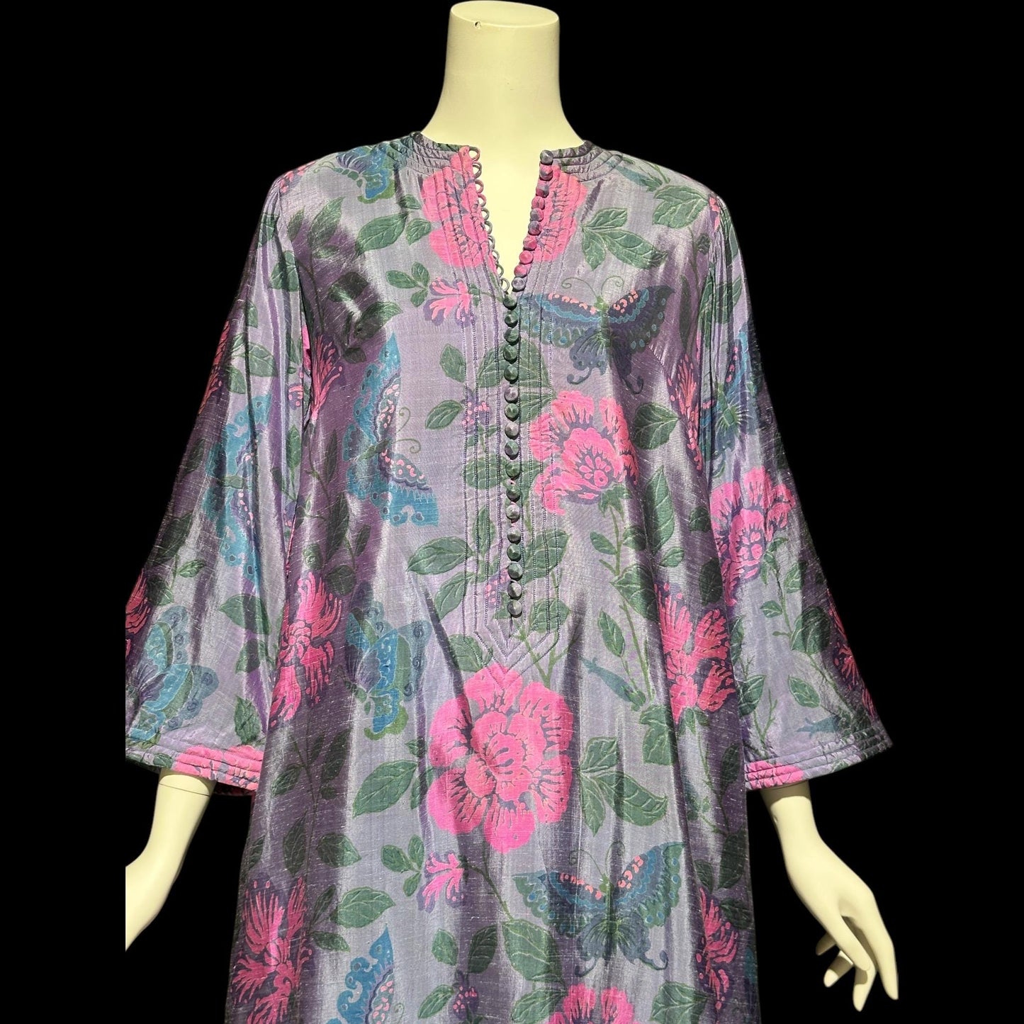 JIM THOMPSON, vintage 1960s Thai Silk caftan maxi dress, dusty blue flowers butterflies Hippie Boho Kaftan