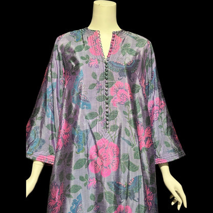 JIM THOMPSON, vintage 1960s Thai Silk caftan maxi dress, dusty blue flowers butterflies Hippie Boho Kaftan