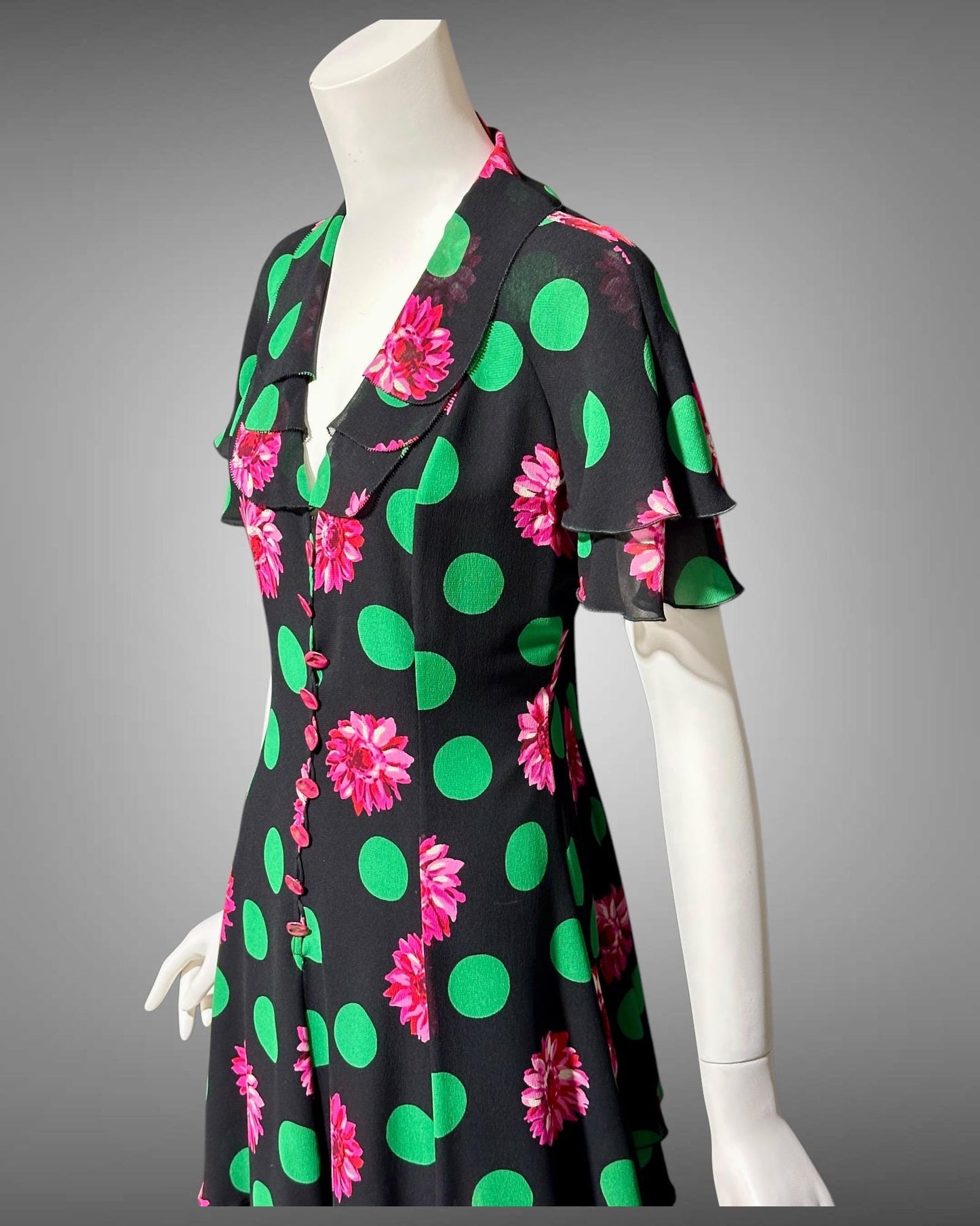 EMANUEL UNGARO 1980s vintage evening dress, polka dots and dahlias, button front flirty tiered ruffle skirt party dress