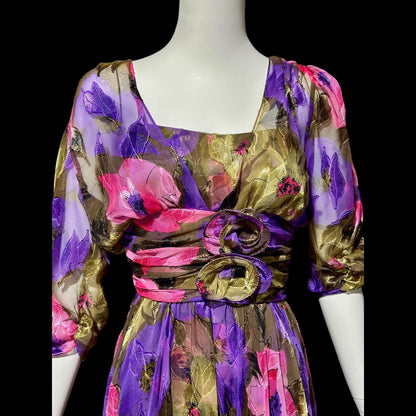 FRANK USHER LONDON, vintage 1980s evening dress, jewel tone floral chiffon with gold metallic
