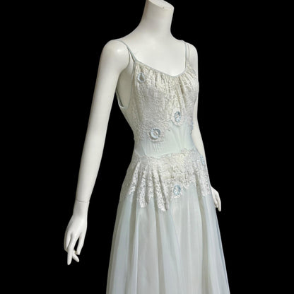 VANITY FAIR, vintage 1950s Nightgown Slip Dress, Sheer Powder Blue Nylon and Lace House Dress