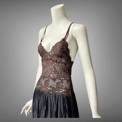 FERNANDO SANCHEZ, vintage 1970s Nightgown, Black and Chocolate lace plisse gown