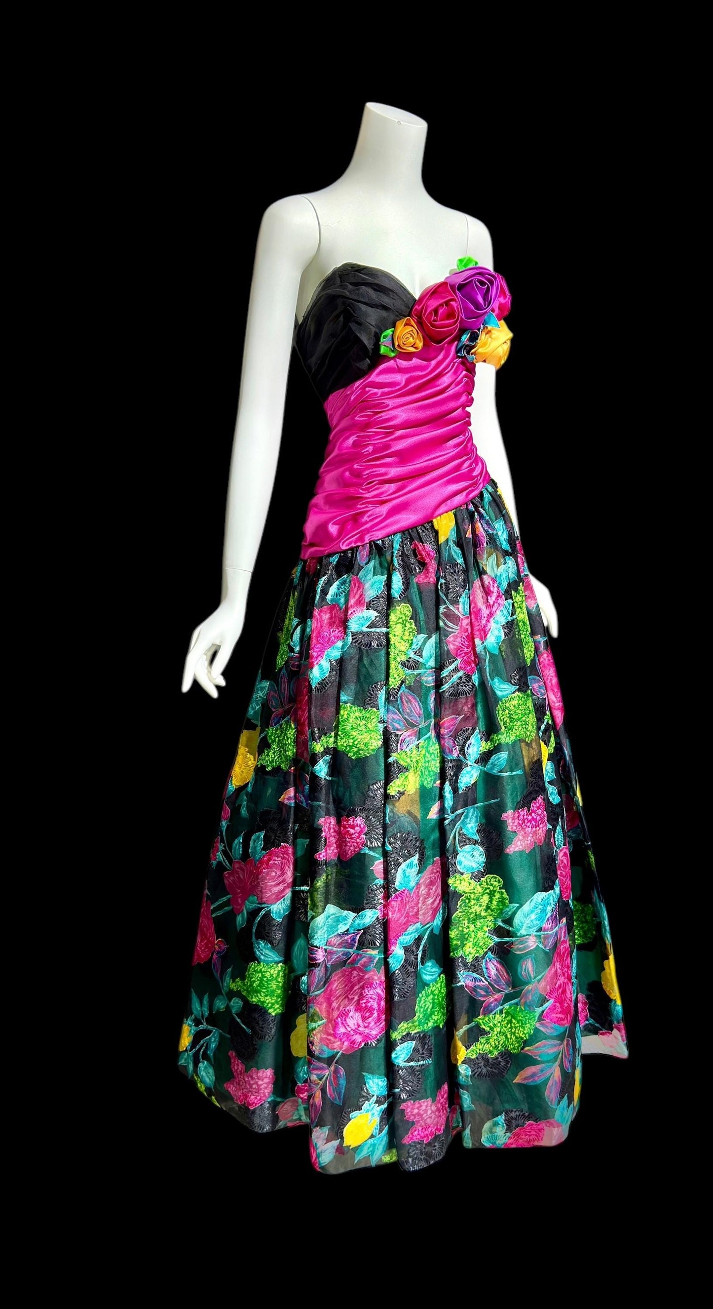 EUGENE ALEXANDER 1980s vintage evening dress, floral rosette floral ball gown, 38 bust