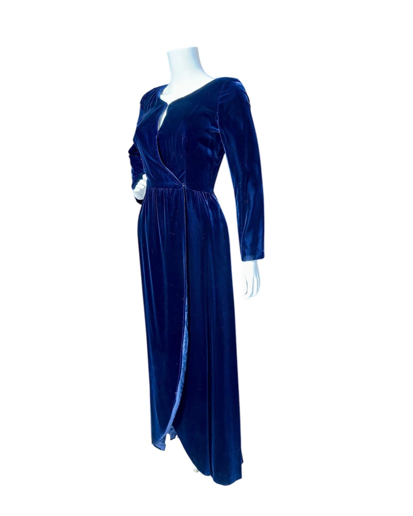 MOLLIE PARNIS vintage 1960s blue velvet wrap evening dress, Morty Sussman