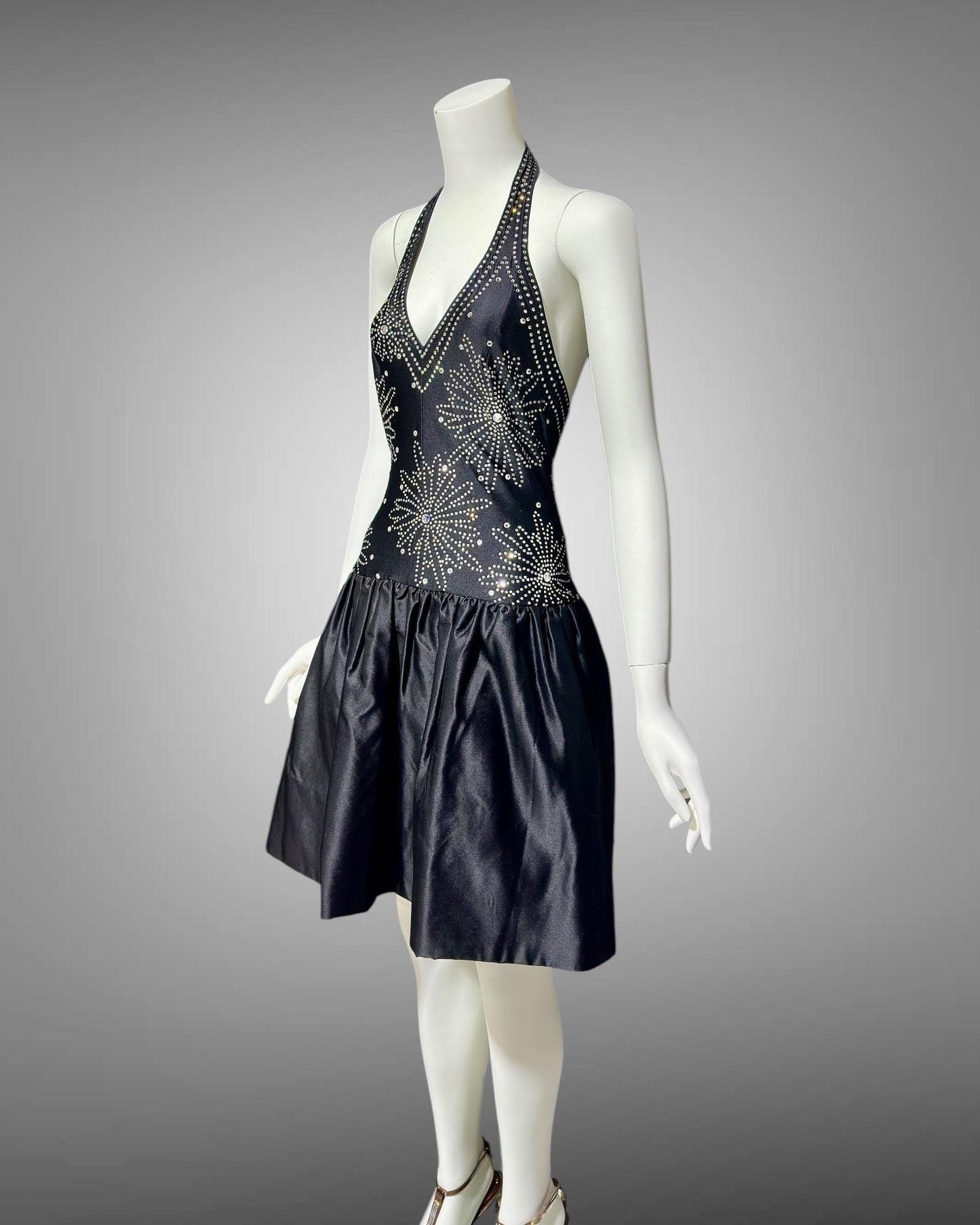 1980s vintage evening cocktail dress, stretchy black halter top with bubble mini skirt party dress