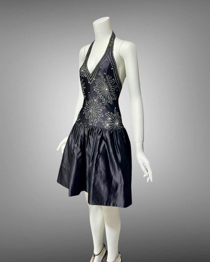 1980s vintage cocktail dress, stretchy black halter top with bubble mini skirt party dress