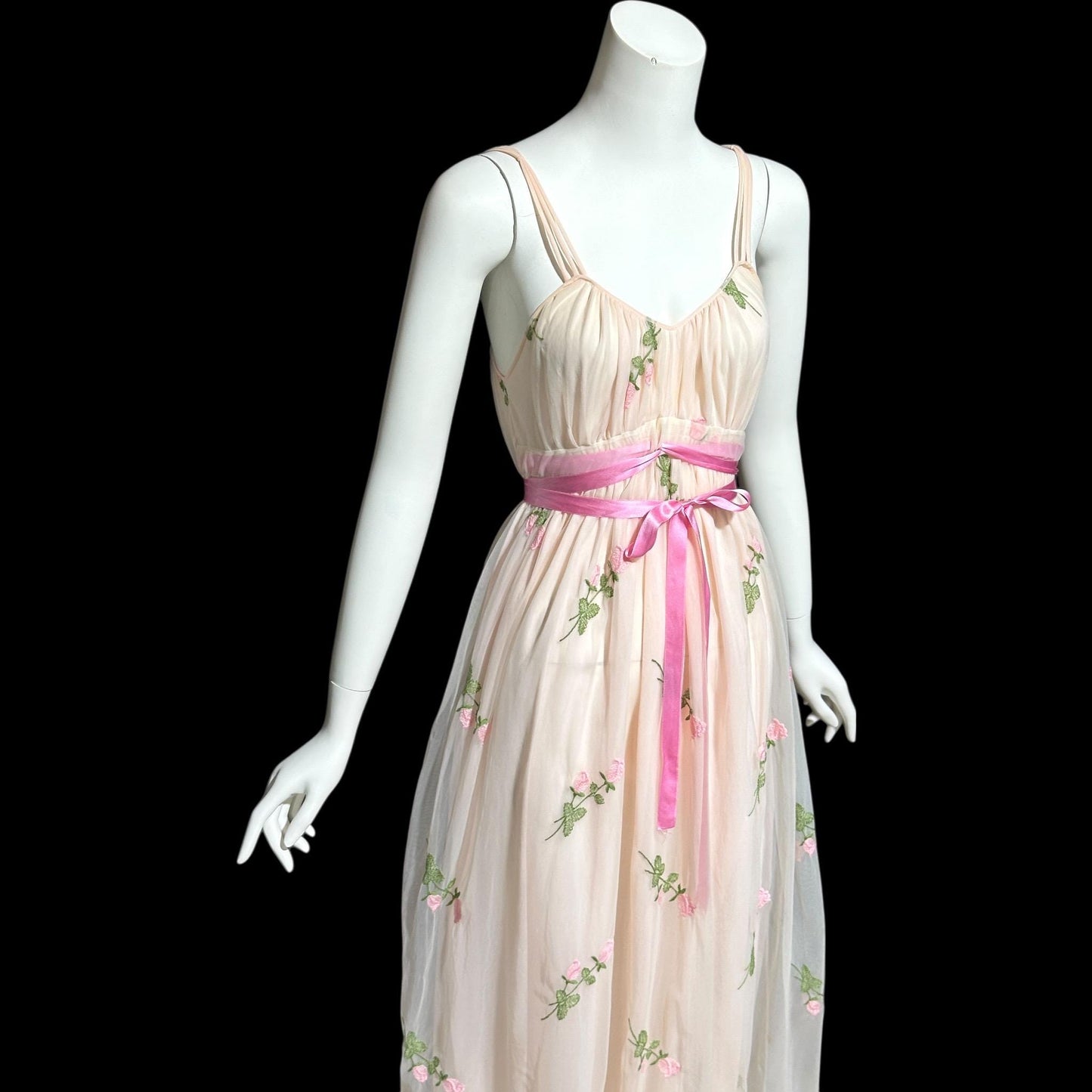 1950s Vintage nightgown slip dress, pink embroidered scattered rosebuds