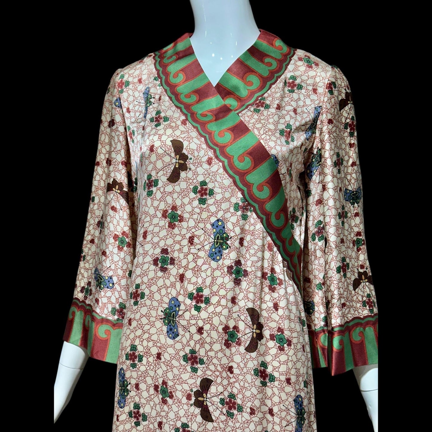 GALITZINE vintage 1960s butterfly print caftan dress, and SAKOWITZ, shift cut gown