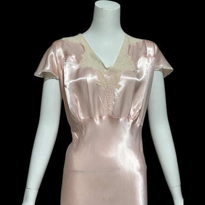 SHIRLEY RAY, vintage 1940s nightgown, Shiny baby pink bias cut rayon slip dress, full length