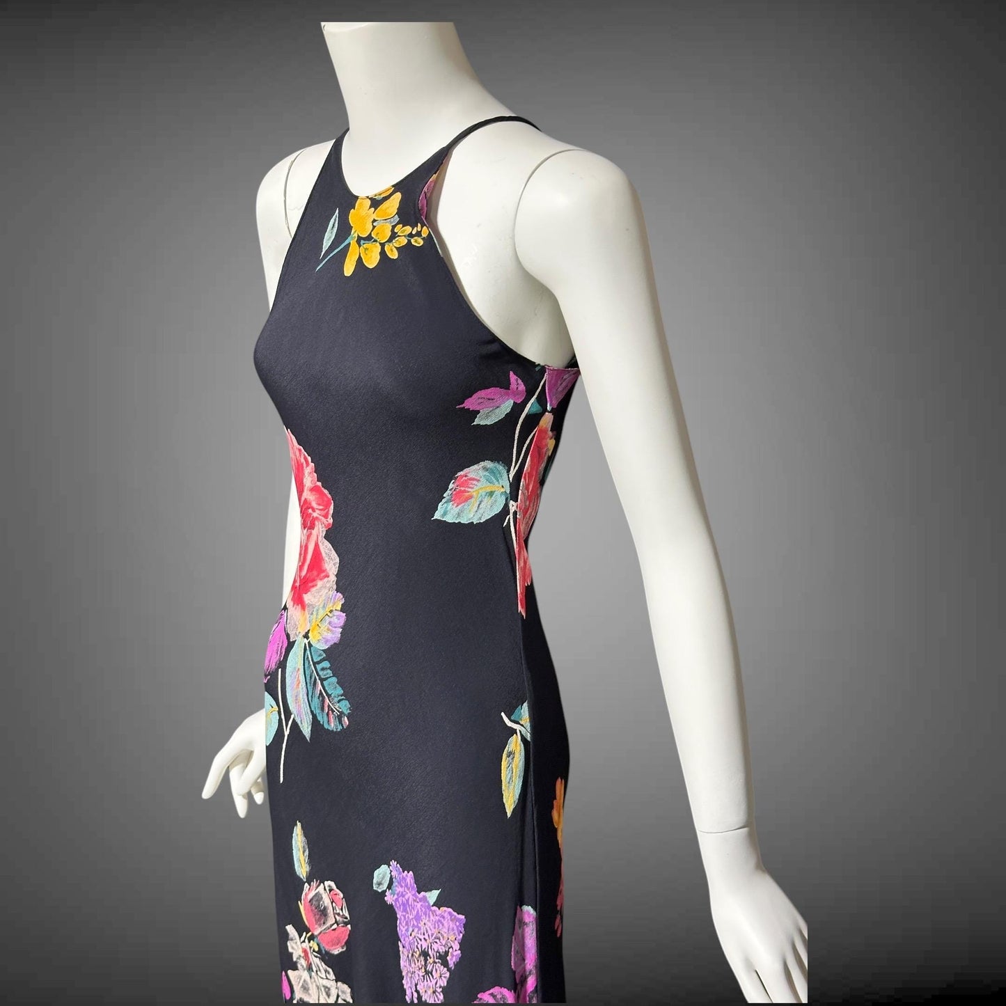 1990s vintage bias cut dress, Bodycon rose flower print evening sheath slip dress, maxi dress