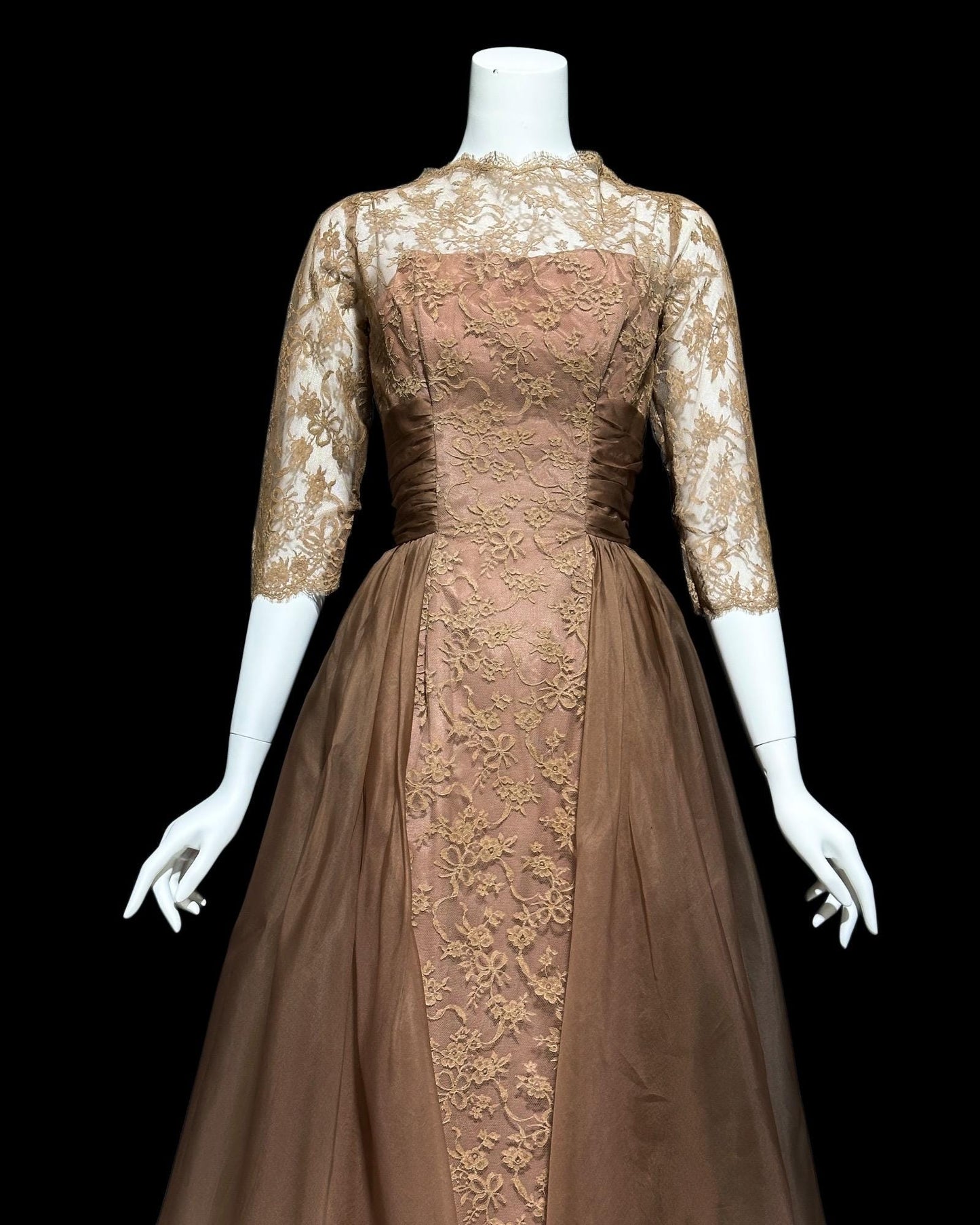 CLIFTON WILHITE vintage 1950s dress, Mocha Mousse lace organza evening cocktail party dress