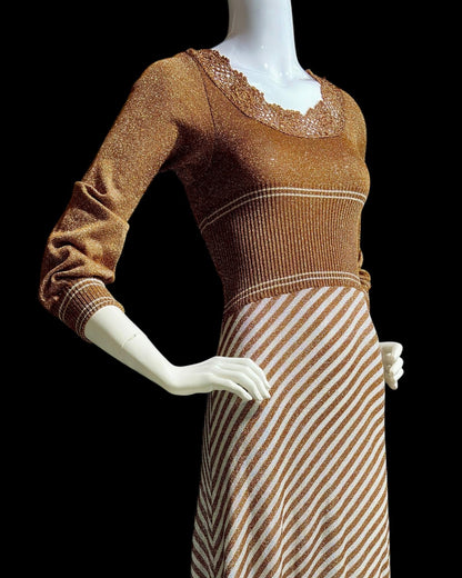 WENJILLI, vintage 1970s lurex maxi dress, Copper Metallic lurex Knit Maxi Dress Crochet Neckline