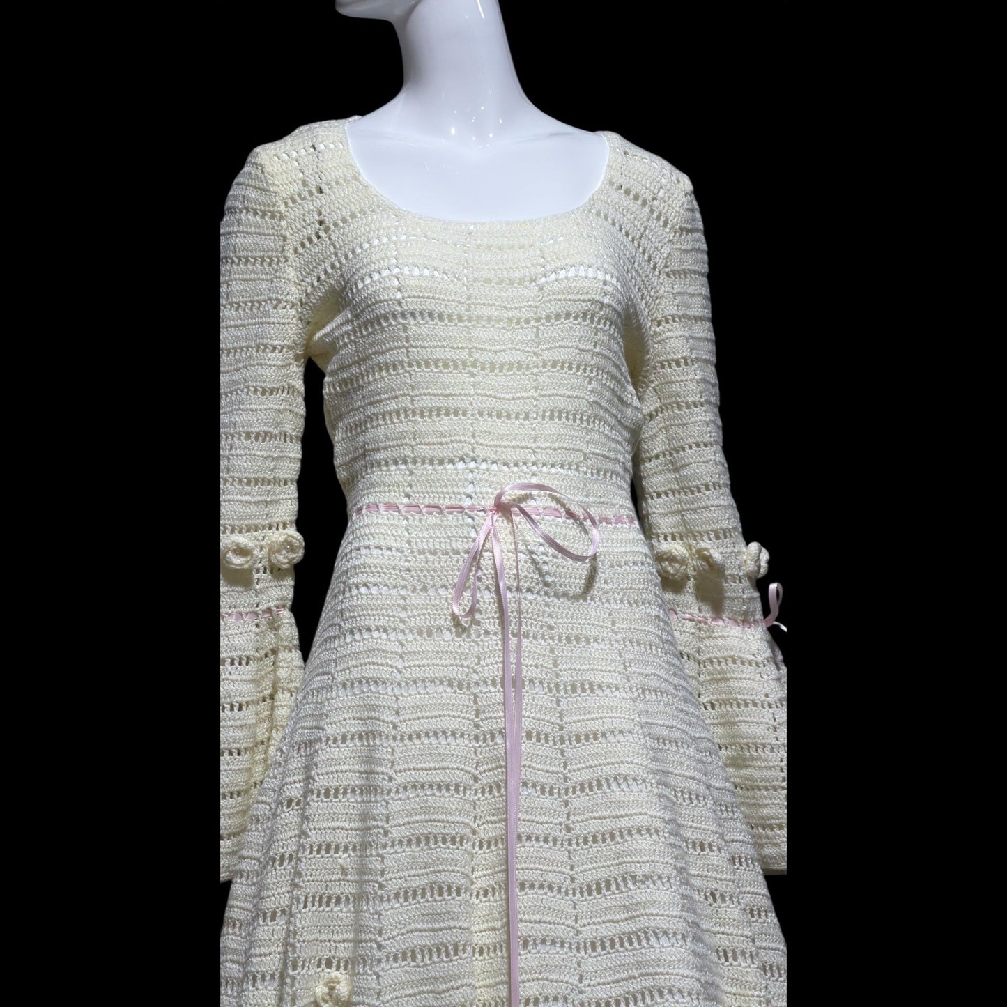 1970s Vintage evening wedding Dress: Hand crochet Mexican style Bohemian Gown - STRETCHY Large