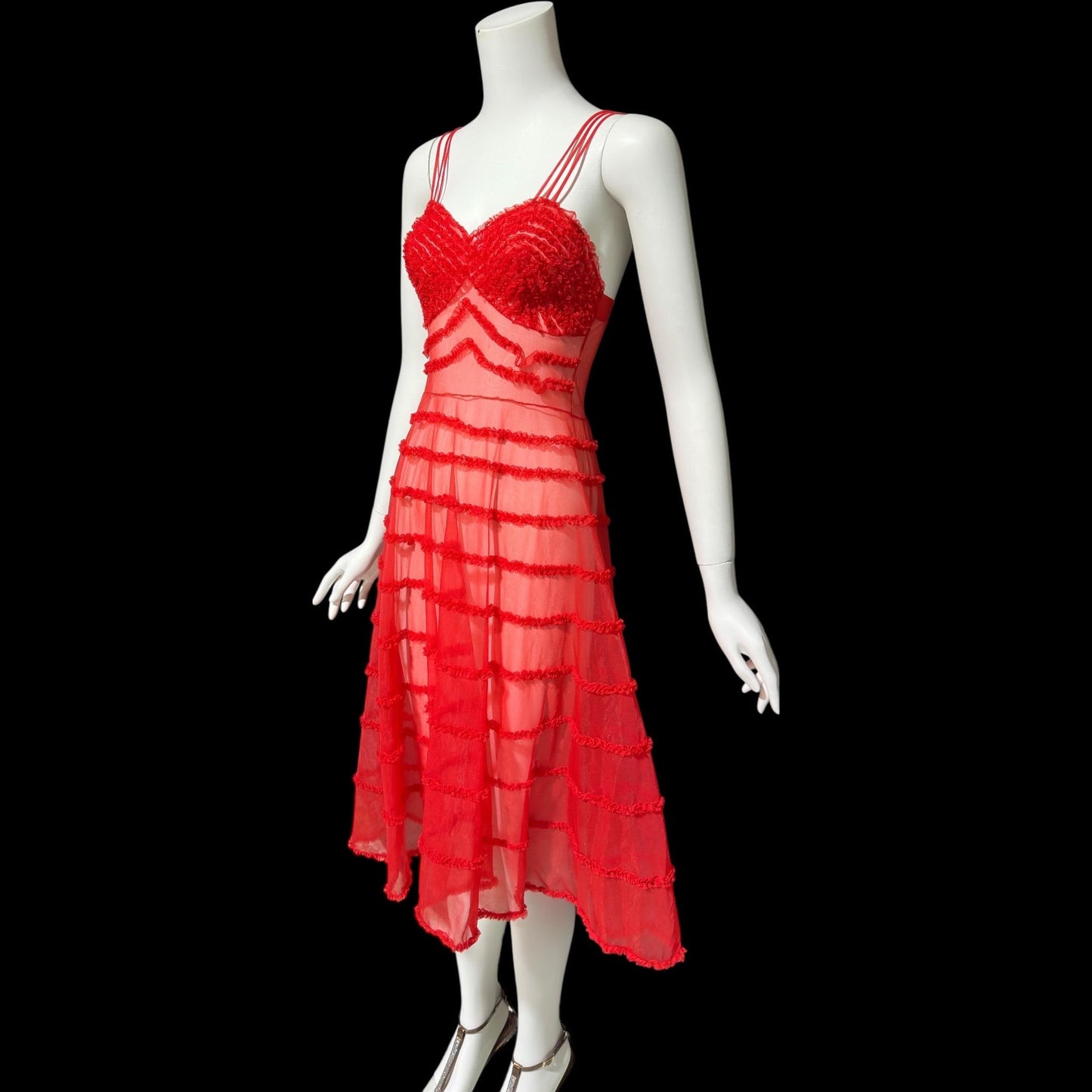 1950s vintage nightgown slip dress, sheer nylon lipstick red ruffled twirling night dress