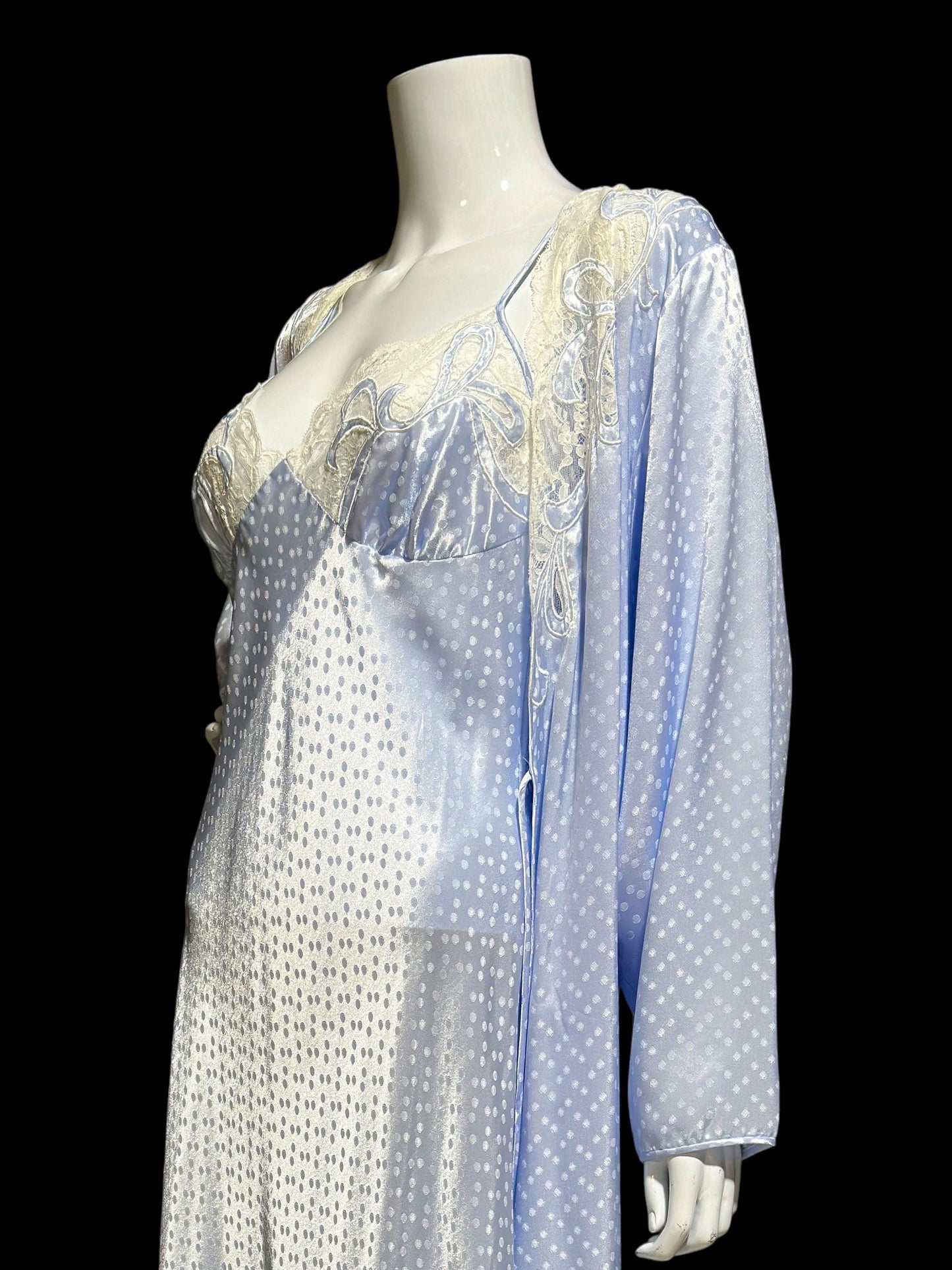 NATORI for SAKS 5th Ave, Nightgown robe set, shiny icy blue sheath slip gown and peignoir set